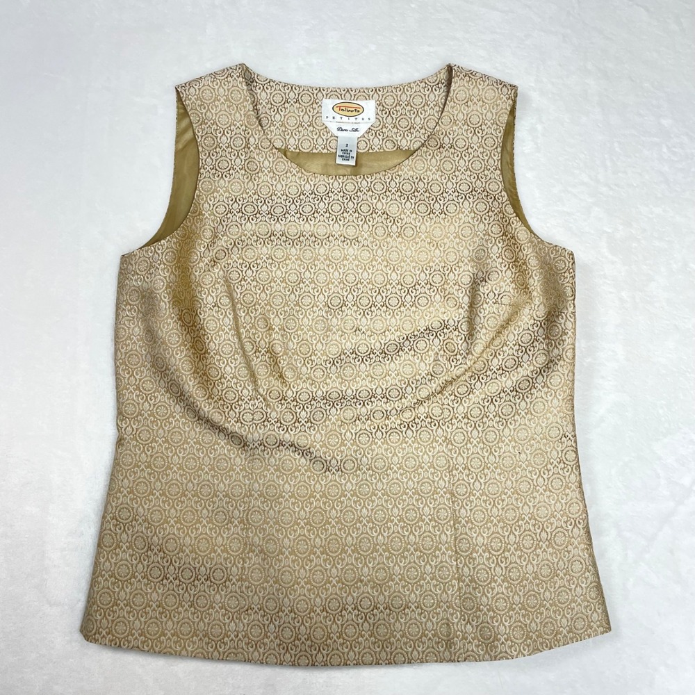 Talbots Shell Silk Women 2P Gold Excellent Jacquard Sleeveless Side Zip Top